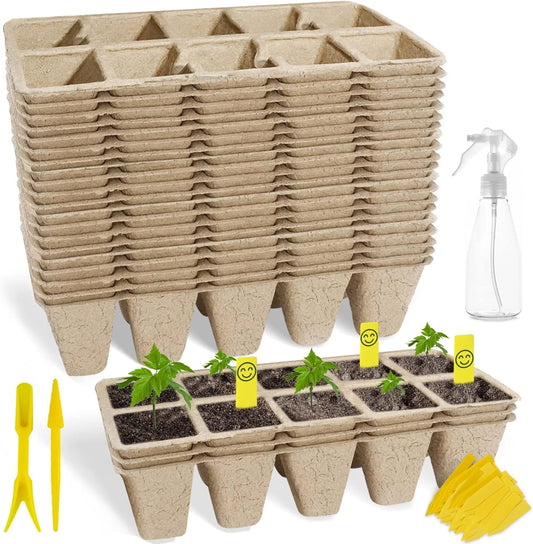 SYITCUN 400 Cells Seed Starter Tray, 40 Pack Biodegradable Seed Starter Kit, Peat Pots for Seedlings with 400 Plant Labels, 2 Seed Planting Tool and 1 Spray Bottle