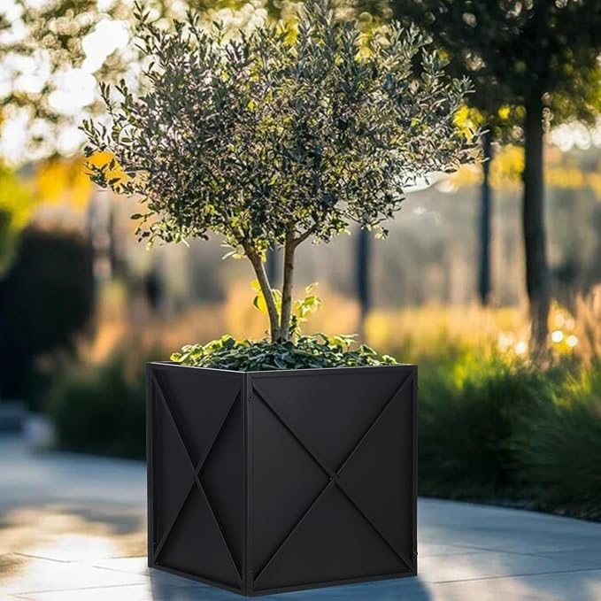 Metal Square Planter Box Tall Planters for Outdoor Plants Modern Heavy Duty with Drainage Holes for Outside Indoor Patio Deck - Black, 17”x 17”x 18”