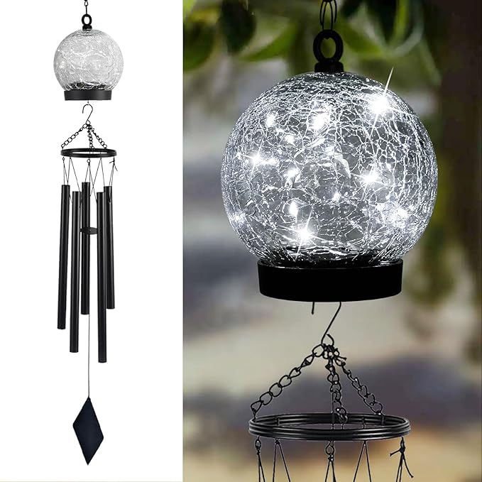 Garden Wind Chimes Outdoor, Solar Hanging Glass Ball Wind Chimes with 15 Cool White LEDs 42 Inch Large with Unique Memorial Sympathy Wind Chime Outside Garden Decor as a Gift for Patio, Porch, Balcony