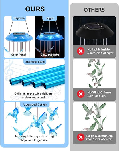 Hummingbird Solar Wind Chimes, Memorial Gifts for Mom, Glowing Top Color Changing Hummingbirds Moblie LED Wind Chime for Outside, Outdoor Home Party Garden Decor Light(Blue)
