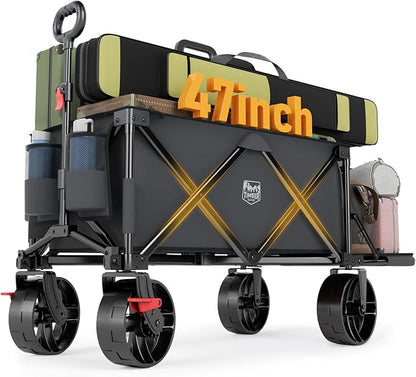 Timber Ridge 47" L Collapsible Folding Wagon with Tailgate, 300lbs Heavy Duty Beach Wagon with All-Terrain Big Wheels, 250L Foldable Utility Cart for Sand Camping Sports Shopping, Grey