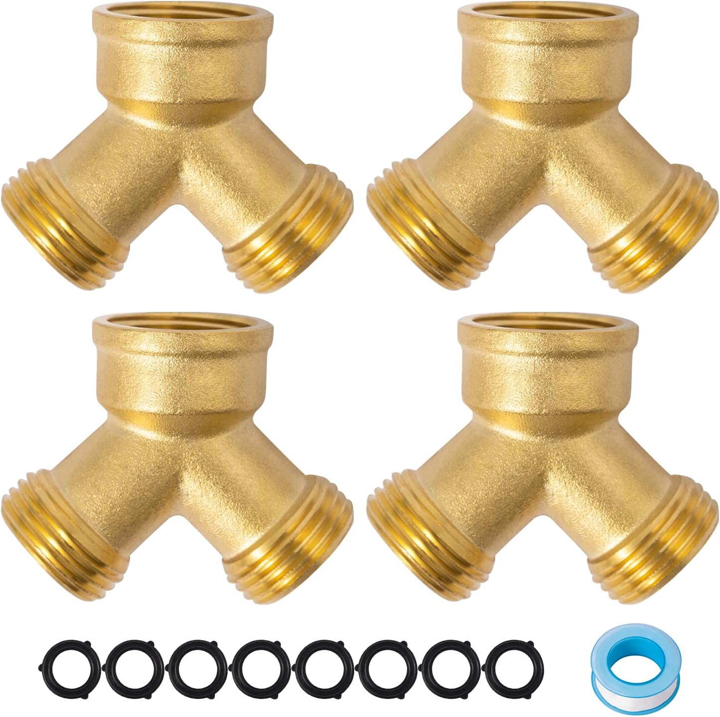 SUNGATOR 3/4 Inch GHT Y Valve, 2 Way Heavy Duty Brass Garden Hose Splitter, 3/4'' GHT Garden Hose Bib Splitters, Brass Y Valves with Extra 8 Rubber Washers, 1 Sealing Tape (4-Pack)