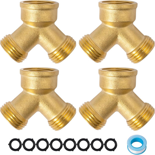 SUNGATOR 3/4 Inch GHT Y Valve, 2 Way Heavy Duty Brass Garden Hose Splitter, 3/4'' GHT Garden Hose Bib Splitters, Brass Y Valves with Extra 8 Rubber Washers, 1 Sealing Tape (4-Pack)