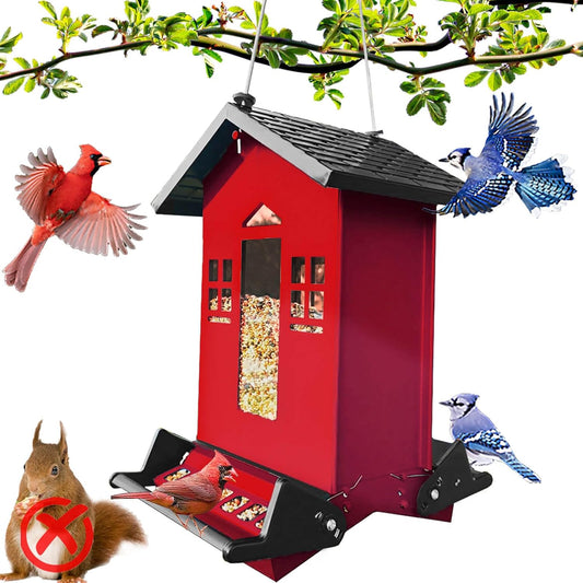 Squirrel Proof Bird Feeder, 6LBS Hanging Bird Seed Feeders for Outdoors, Weight-Activated Perches Metal Wild Birdfeeder for Blue Jay, Cardinal, Garden (Red)
