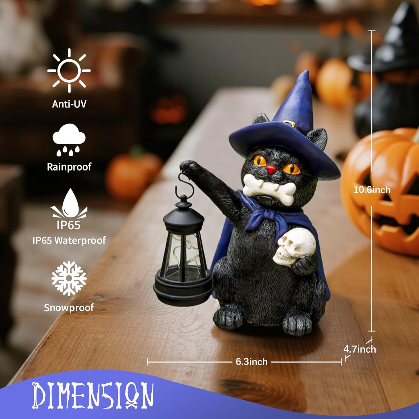 Halloween Black Cat Decor Spooky Solar Cat Garden Statues Holding Skull with LED Lantern Halloween Outdoor Decorations for Porch Patio Yard Lawn Holiday Gardening Gifts for Women