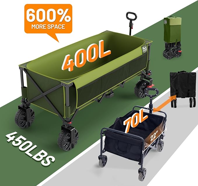 Timber Ridge 51.2'' Extended Collapsible Wagon Cart with Brakes and Cargo Net, Heavy Duty Foldable Utility Wagon with Adjustable Handle, 400L Capacity Portable Cart for Camping Sports Shopping