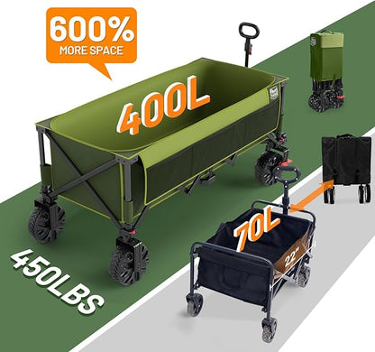 Timber Ridge 51.2'' Extended Collapsible Wagon Cart with Brakes and Cargo Net, Heavy Duty Foldable Utility Wagon with Adjustable Handle, 400L Capacity Portable Cart for Camping Sports Shopping