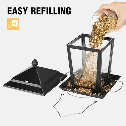 Veehoo Metal Bird Feeder for Outdoor Hanging-Wild Bird Feeder with 4 Perches, Guard Booth Bird Seed Feeder for Outside Garden Backyard Attracting Wild Birds Chickadees Cardinals Finches Black