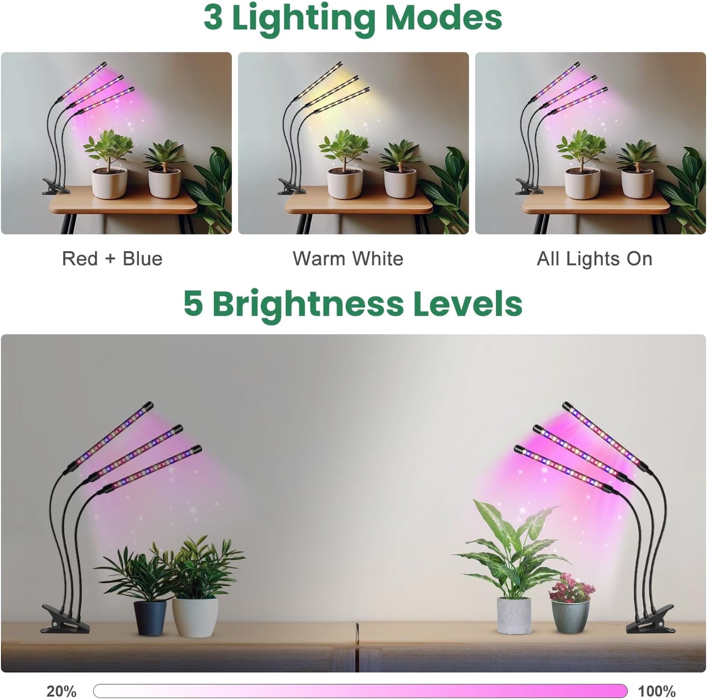 Garpsen Plant Lights, 3 Heads Red Blue Warm White Full Spectrum Grow Lights for Indoor Plants, 60 LEDs Led Grow Light for Seed Starting, with Auto ON/Off 6/12/16H Timer, 5 Dimmable Levels