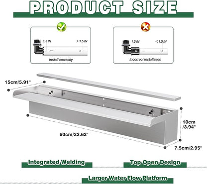Waterfall Pool Fountain LONGRUNNEW 304 Stainless Steel 23.6" Rectangular Waterfall Spillway, Water Fall Fountain with Pipe Connector for Garden Outdoor, Swimming Pools, Fountains, Pond and Spa