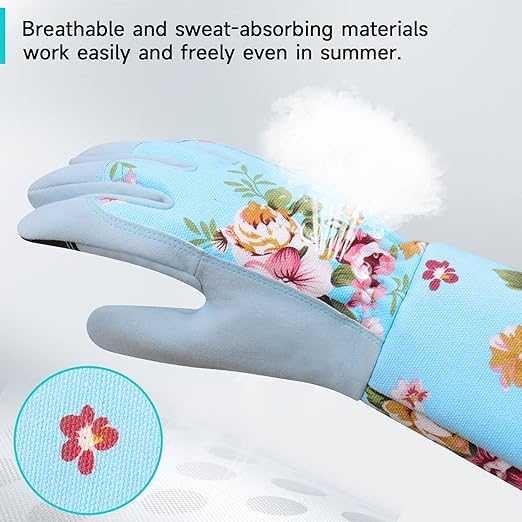 Long Gardening Gloves for Women, Breathable Flexible Fit, Comfortable Durable Work Gloves for Planting, Weeding & Outdoor Yard Activities, Blue Medium