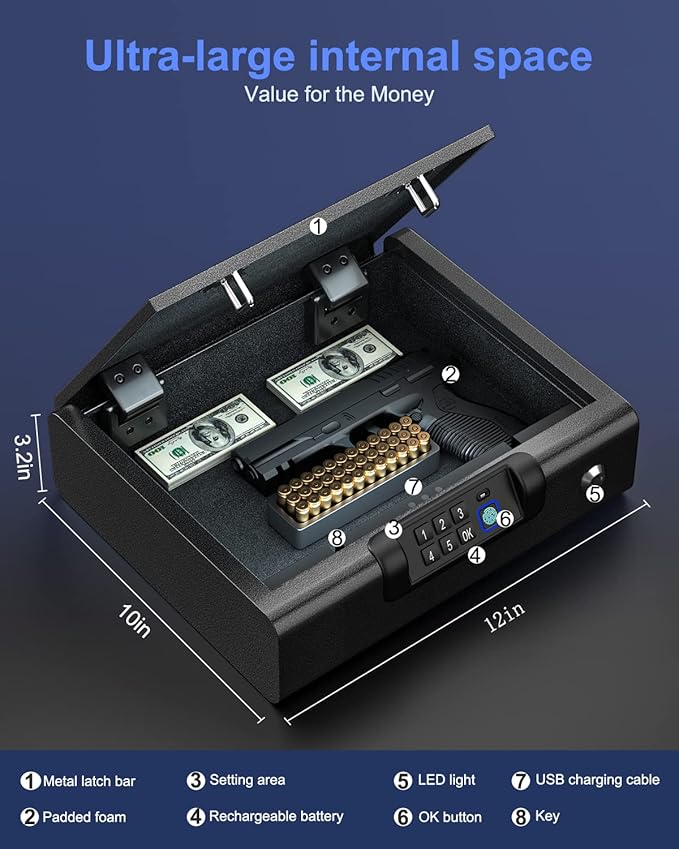 Gun Safe,Biometric Gun Safe for Pistols 3-Ways unlock Fingerprint Digital PIN Key Unlock with Sound, Lock box for Cloakroom living room Bedroom Nightstand and Car BILLCONCH