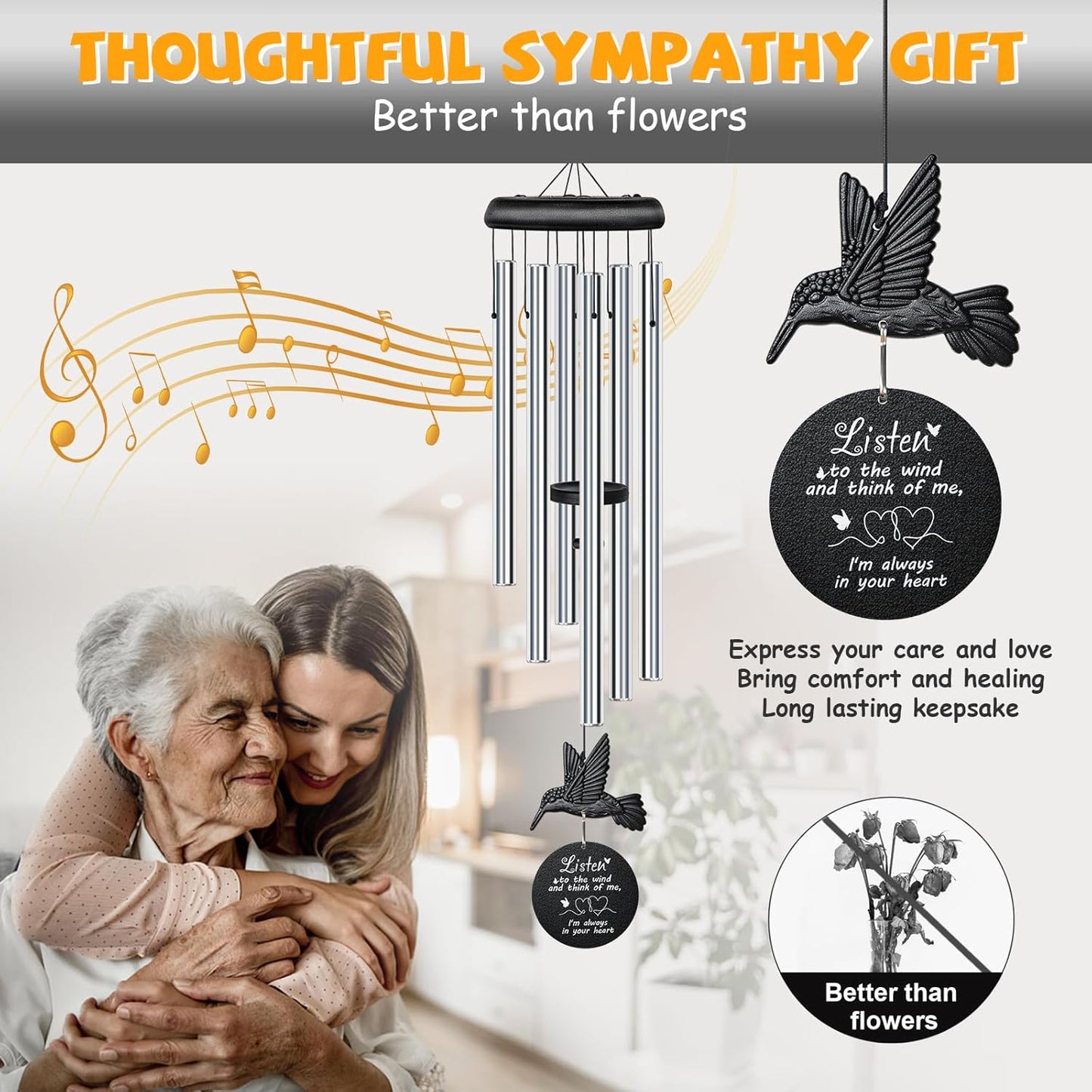 Sympathy Wind Chimes for Outside Deep Tone, Memorial for Loss of Loved One Prime, Bereavement Condolence Remembrance Funeral Gifts for Grieving Friends Loss of Mother Father