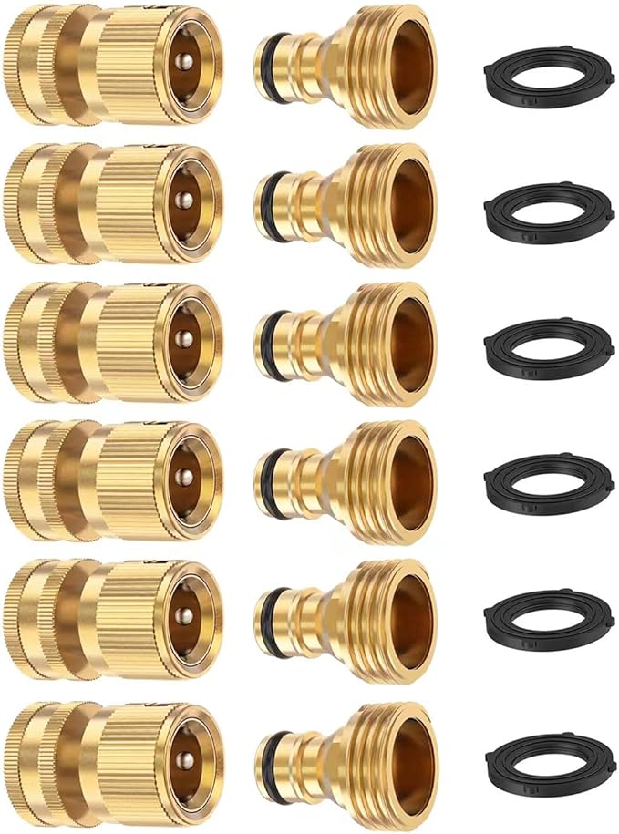 Garden Hose Quick Connectors, Solid Brass 3/4 Inch Thread Fitting, Water Hose Connectors Garden Hose Disconnect 3/4" GHT, No-Leak Male Female (6 Set)