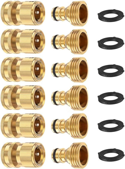 Garden Hose Quick Connectors, Solid Brass 3/4 Inch Thread Fitting, Water Hose Connectors Garden Hose Disconnect 3/4" GHT, No-Leak Male Female (6 Set)