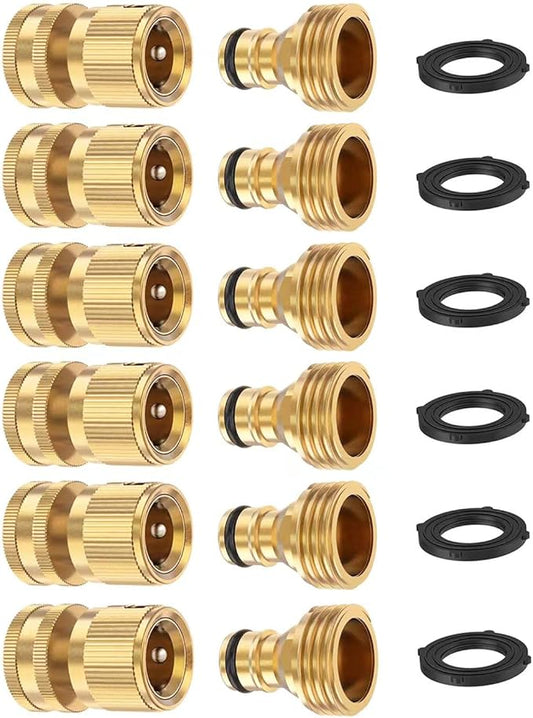 Garden Hose Quick Connectors, Solid Brass 3/4 Inch Thread Fitting, Water Hose Connectors Garden Hose Disconnect 3/4" GHT, No-Leak Male Female (6 Set)
