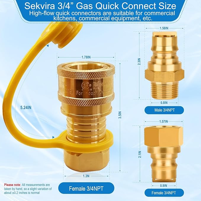 3/4" Natural Gas Quick Connect, Hose Quick Connect,Natural Gas Quick Connect Fittings, Heavy-Duty Brass Large Flow Quick Disconnect for Commercial Kitchen Equipment, Generator Etc Gas Equipment
