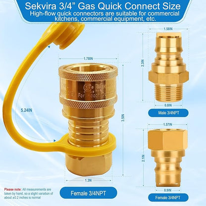 3/4" Natural Gas Quick Connect, Hose Quick Connect,Natural Gas Quick Connect Fittings, Heavy-Duty Brass Large Flow Quick Disconnect for Commercial Kitchen Equipment, Generator Etc Gas Equipment