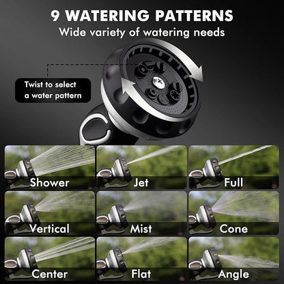 RESTMO Hose Nozzle with Easy Self-Lock Trigger, Heavy Duty Metal Water Hose Sprayer with 9 Spray Patterns and On/Off Valve, Ideal for Outdoor Lawn & Garden Watering, Car & Pet Washing, Silver