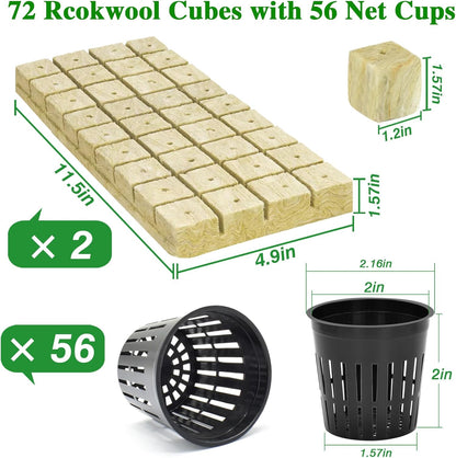 Halatool 72PCS 1.2 Inch Rockwool Cubes with 56PCS 2 Inch Net Cups for Hydroponics Great Kratky Hydroponics Kit for Soilless Cultivation Cloning Plants Growing Seeds