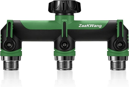 Full Flow Heavy Duty 3 Way Hose Splitter, Rugged Garden Faucet Adapter, Spout Diverter T - Way Adapter with Extended Handle, 3/4” GHT Thread, Green