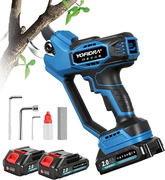 Electric Pruning Shears, 1.77" Cutting Diameter Cordless Pruning Shears with LED Display & SK5 Blade, Brushless Motor Electric Pruner Garden Tool with Charger, 2.0mAh Battery*2 for Garden Tree Branch