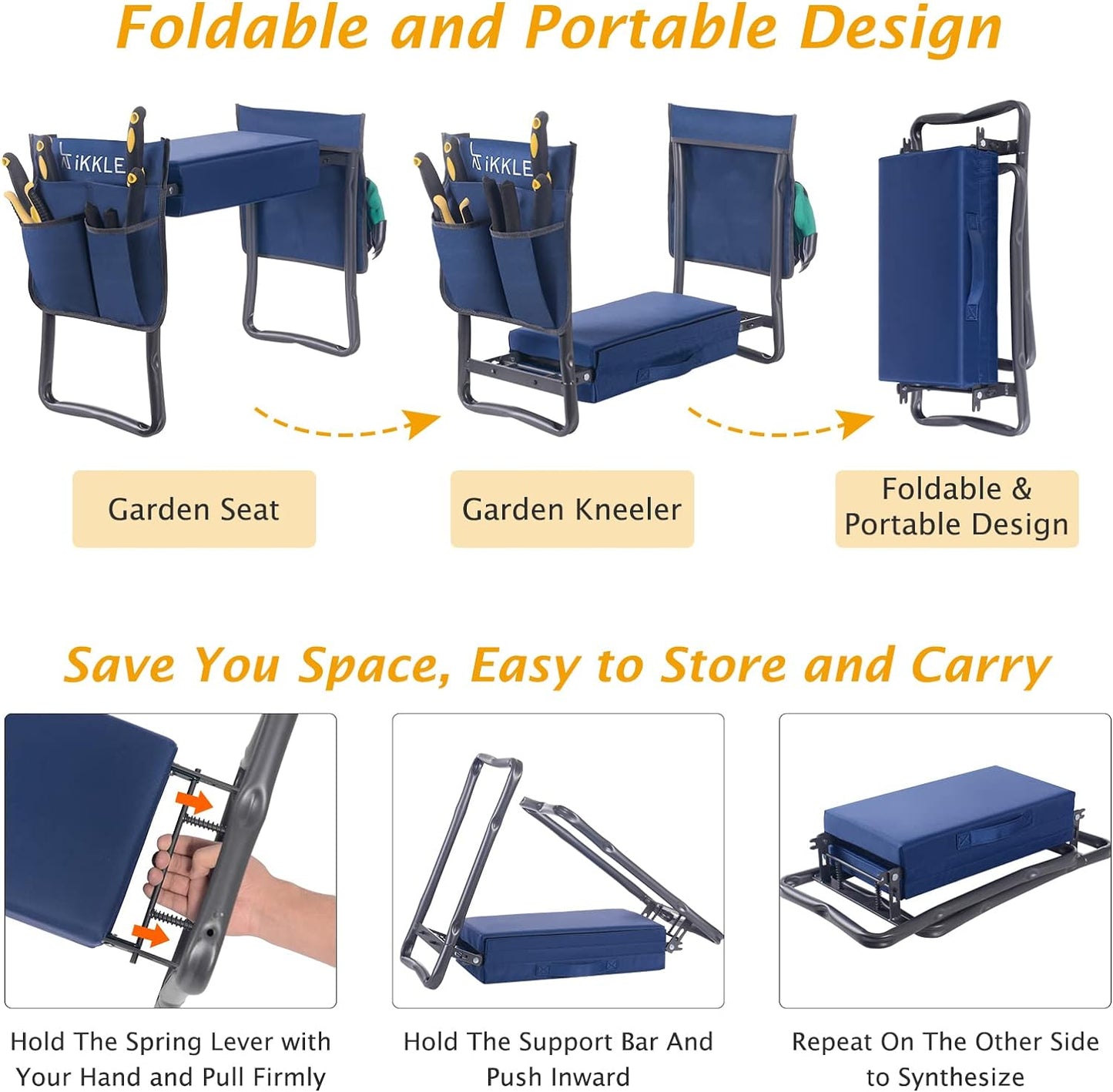 Patented Garden Kneeler and Seat Heavy Duty, Upgraded Garden Bench with Thicker Wider Soft Detachable Kneeling Pad, with 2 Tool Store Pouches, Nice for Mother Father Gardeners