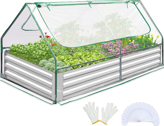 Quictent Raised Garden Bed with Cover Outdoor Galvanized Metal Planter Box Kit, w/ 2 Large Screen Windows Mini Greenhouse 20pcs T Tags 1 Pair of Gloves Included for Growing Vegetables 6x3x1ft (Clear)