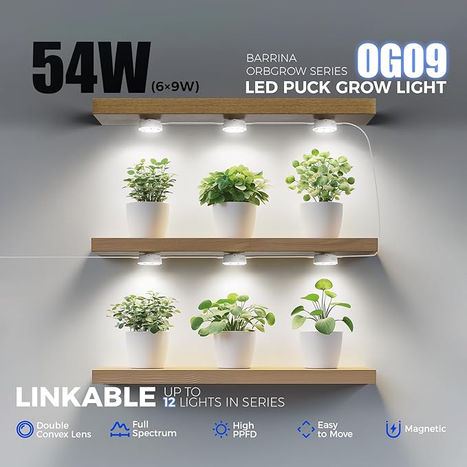 Barrina Orbgrow OG09 Puck LED Grow Light, 5000K 54W(6 x 9W, 810 Watt Equiv), Plant Lights for Indoor Plants Full Spectrum, Magnetic & Linkable, Small Grow lamp, Perfect for Plant Shelf, 6 Packs