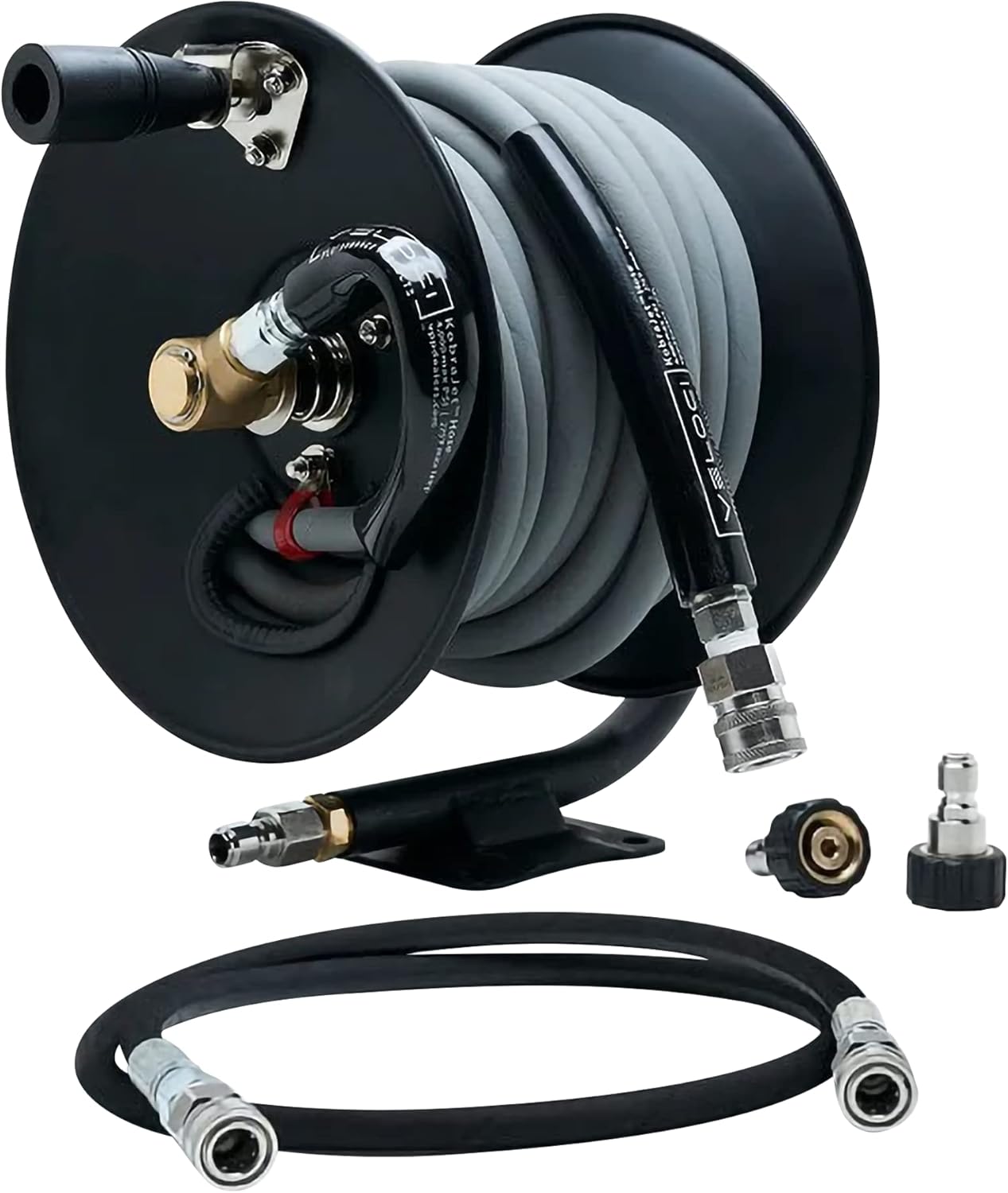 MTM Hydro Pressure Washer Hose Reel Kit, Metal Heavy-Duty Hand Crank Wall Mounted, Commercial Grade with Kobrajet Non-Marking Gray Hose High Pressure 3/8” 4000 PSI 50’ Commercial Grade