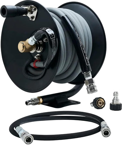 MTM Hydro Pressure Washer Hose Reel Kit, Metal Heavy-Duty Hand Crank Wall Mounted, Commercial Grade with Kobrajet Non-Marking Gray Hose High Pressure 3/8” 4000 PSI 50’ Commercial Grade