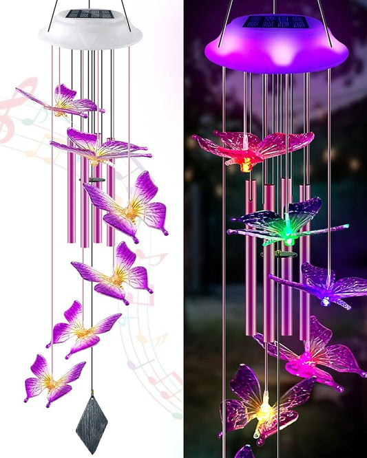 Solar Butterfly Wind Chimes, Gifts for Mom Women, Glowing Top Changing Colors LED Wind Chime for Outside with 4 Iron Tubes, Outdoor Decor Mobile for Garden Yard (Purple)