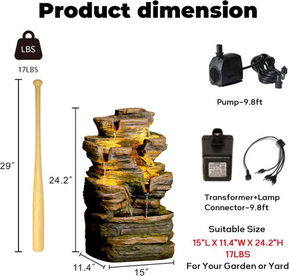 24.2" H 6-Tier Outdoor Water Fountain, Features Rock Garden Waterfall Fountains with Warm Lights, Floor-Standing for Patio, Backyard, Deck, Porch, Home Décor, Brown