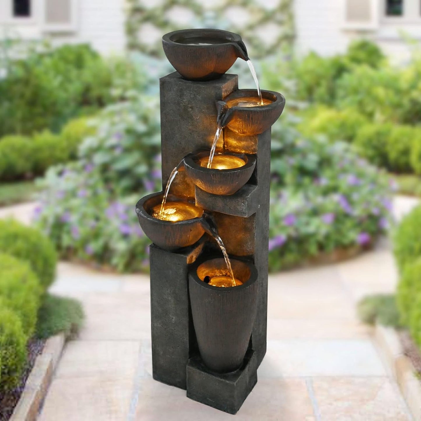40" Outdoor Water Fountain with LED Lights 5-Tier Polyresin Rock Indoor Modern Floor-Standing Waterfall Fountains for Home Garden, Yard, Patio, Office, Deck Home Art Decor Brown