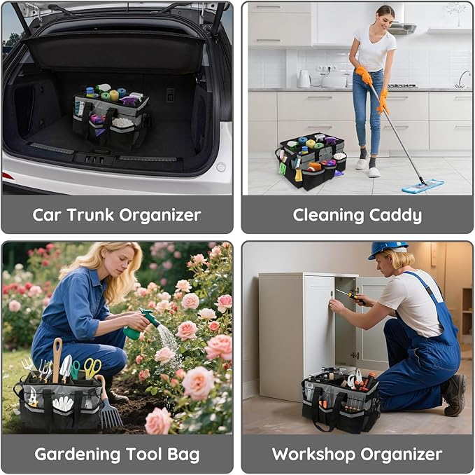 ZKOO Large Cleaning Caddy Bag with Handle, Built-in Sturdy Support Board, Adjustable Shoulder Strap, Multi-compartment Design Cleaning Supply Tote for Cleaners & Housekeepers (Gray)