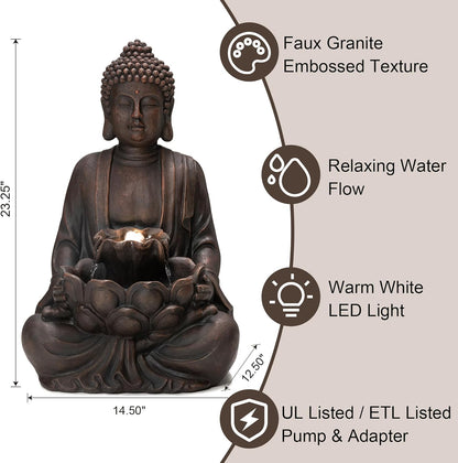 Glitzhome Buddha Fountain with Pump & LED Light, 2 Tier Zen Style Meditating Buddha Water Fountain Outdoor Fountains and Waterfalls Floor Fountains Buddhas Statues for Garden Patio Backyard 23" H