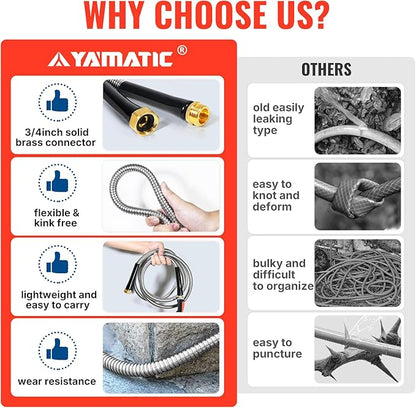 YAMATIC 100FT Stainless Steel Garden Hose with 10 Pattern Spray Nozzle, Heavy Duty Metal Water Hose, Kink-Free, Rust Resistant Hose for Yard, Lawn, RV, Outdoor