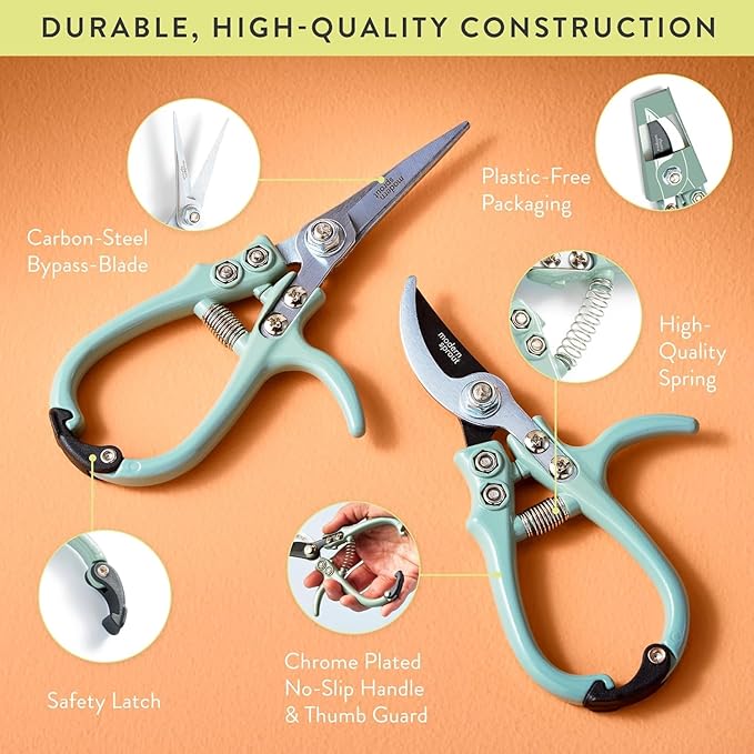 Modern Sprout Hand Pruners & Shears Set with Blister Pack - Lightweight Gardening Tools with Easy Lock - Sharp Carbon Steel Blades -Rust Resistant Scissors for Herbs, Flowers - Sage