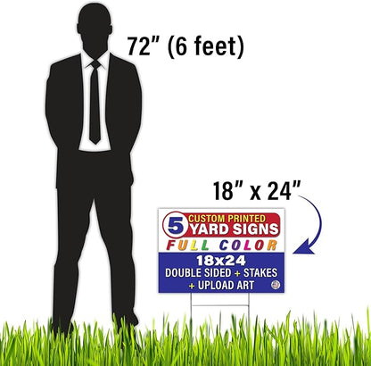 Personalized 18x24" Yard Signs, Double Sided Printing, Metal Stake Included, by Legit Fast Printing (5pk)