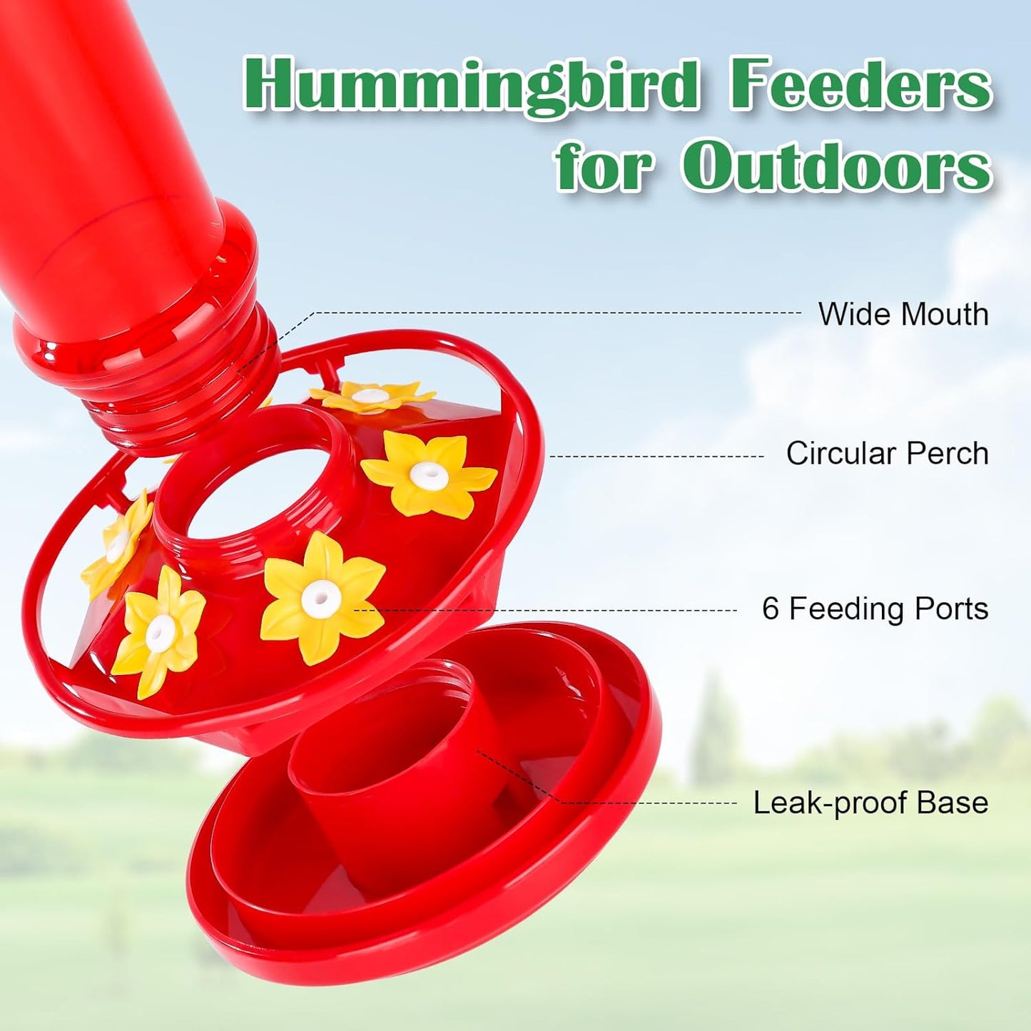 Plastic Hummingbird Feeders for Outdoors Hanging, 2 Pack 10 OZ Red Humming Bird Feeder with 6 Feeding Ports and Perch, Built-in Ant Moat, Gifts for Women Garden Decor
