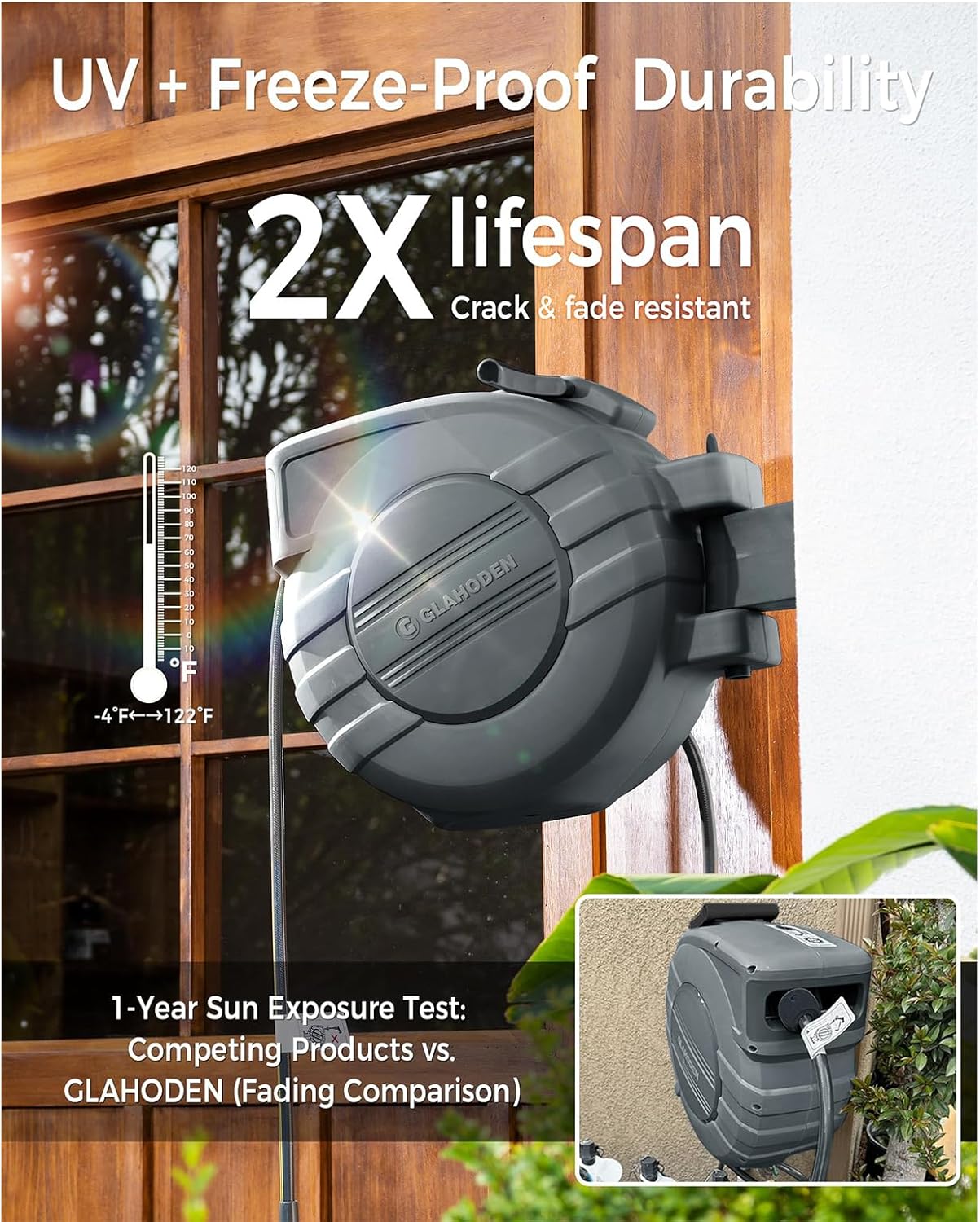 GLAHODEN Retractable Garden Hose Reel 1/2 in x 65 ft, 2025 Upgraded Dual Ratchet Lock UV & Freeze Protection Brass Seal Slow Retraction Anti-Tangle Hose 180°Swivel Reinforced Scaffold Wall Mount