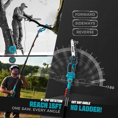 2-in-1 Cordless Pole Saw & 8'' Mini Chainsaw,Forest Ranger Approved Electric Handheld Chain Saw with 2× 21V 4.0Ah Rechargeable Batterie&Charger, Auto Oiling Multi-Angle,Max 16Ft Saw for Tree Trimming