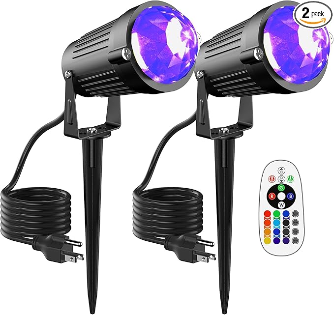 Halloween Christmas Outdoor Spot Lights Black Light Projector, 12W IP65 Waterproof LED Spotlight Outdoor Landscape Lighting with 16 Color Changing for Yard Garden Decorations(2Pack)