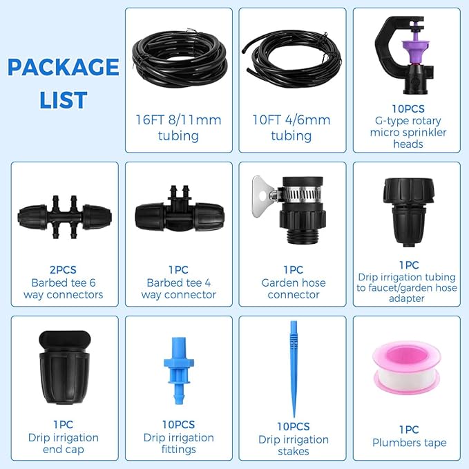 Drip Irrigation System Kit - Automatic Garden Watering System with G Type 360° Rotating Micro Sprinkler Heads & 16FT 8/11mm & 10FT 4/6mm Irrigation Tubing for Garden, Lawn, Greenhouse, Yard, Plant