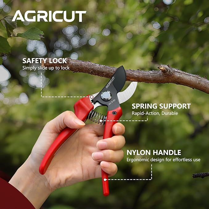 AGRICUT Bypass Pruning Shears Gardening - 4/5 Inch Cut Capacity Garden Scissors with High Carbon Steel Blade Nylon Handle Hand Clippers Red