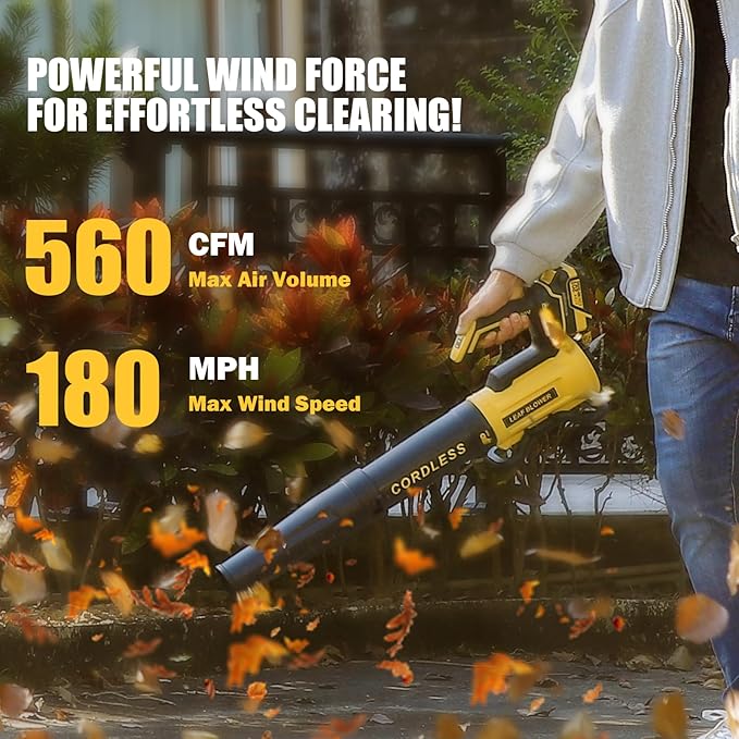 Leaf Blower Cordless with 2× 4.0Ah Batteries and Charger, 560CFM & 180MPH Lightweight Leaf Blower, 2 Speed Electronic Control, 20V Electric Blower for Driveway, Lawn & Yard Care