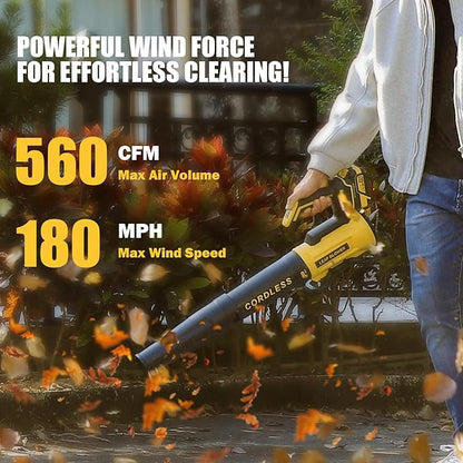 Leaf Blower Cordless with 2× 4.0Ah Batteries and Charger, 560CFM & 180MPH Lightweight Leaf Blower, 2 Speed Electronic Control, 20V Electric Blower for Driveway, Lawn & Yard Care