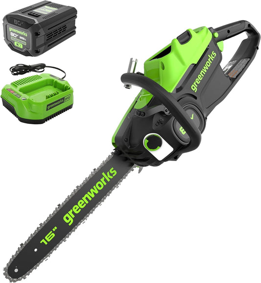Greenworks 80V 16" Brushless Cordless Chainsaw (Great For Tree Felling, Limbing, Pruning, and Firewood), 75+ Compatible Tools, 2.5Ah Battery and Charger Included