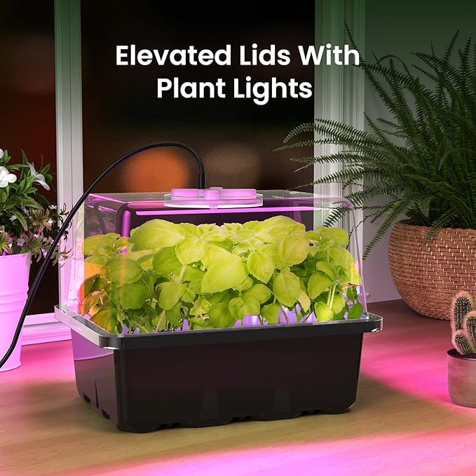 MIXC Seed Starter Kit with Grow Light, Elevated Seedling Tray Kit with Adjustable Humidity Dome and Clear Cell Tray, 12 Full Spectrum Led Beads for Seed Starting Greenhouse, 4 Pack, Black