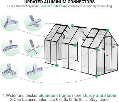 CDCASA 12x6x6 FT Greenhouse for Outdoors, Large Polycarbonate Greenhouse Aluminum Greenhouses w/Vent Window, Swing Door & Easy Assembly Walk-in Green House for Patio, Backyard, Garden, Black